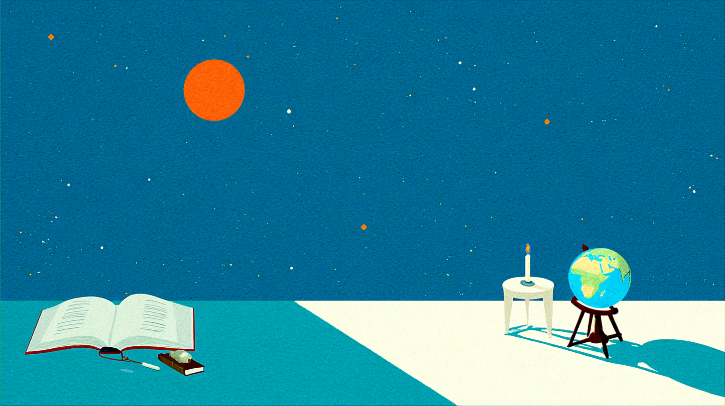 聖書と天体模型が置かれた机の挿絵