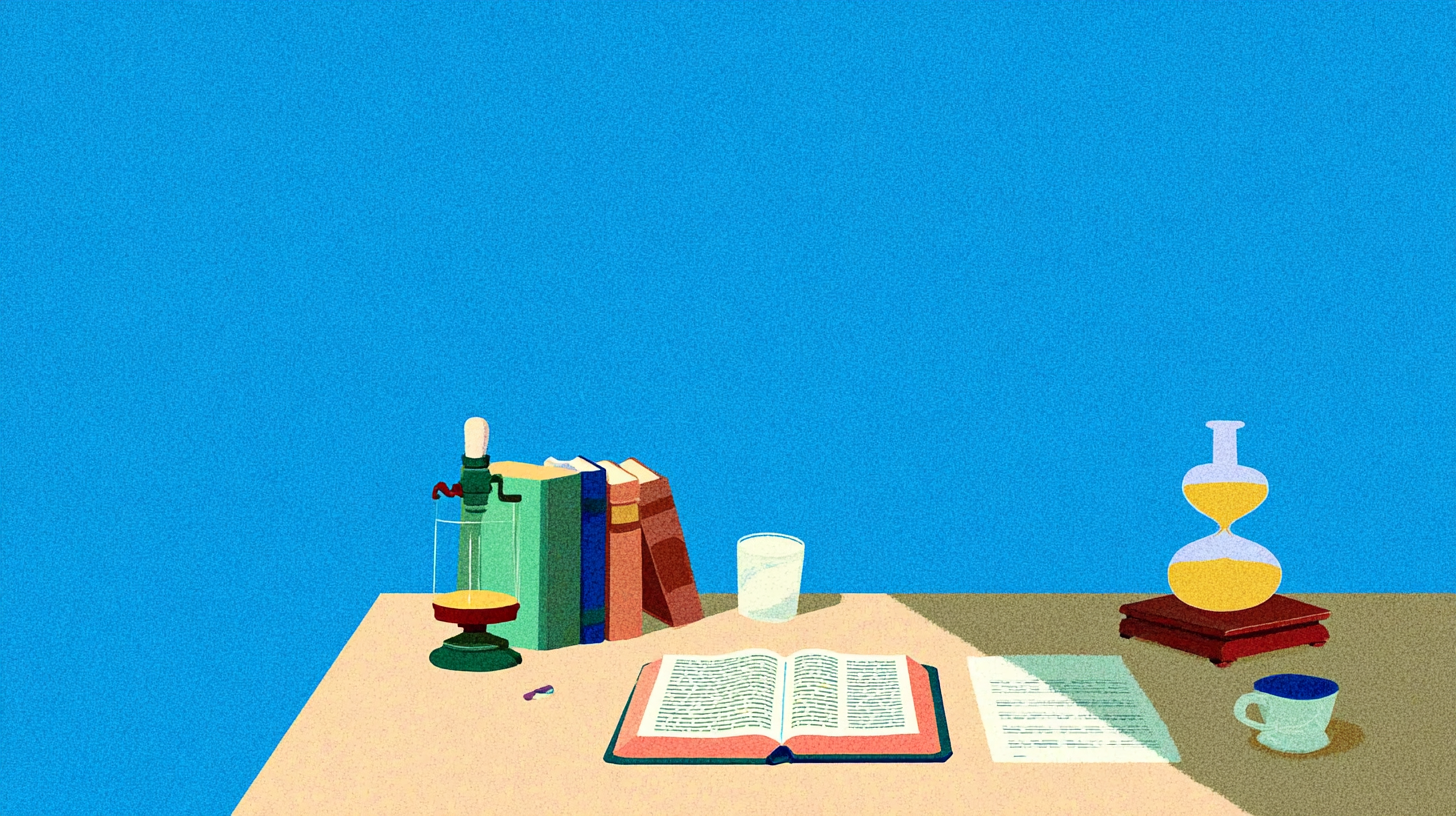 開かれた聖書と砂時計のある机の挿絵